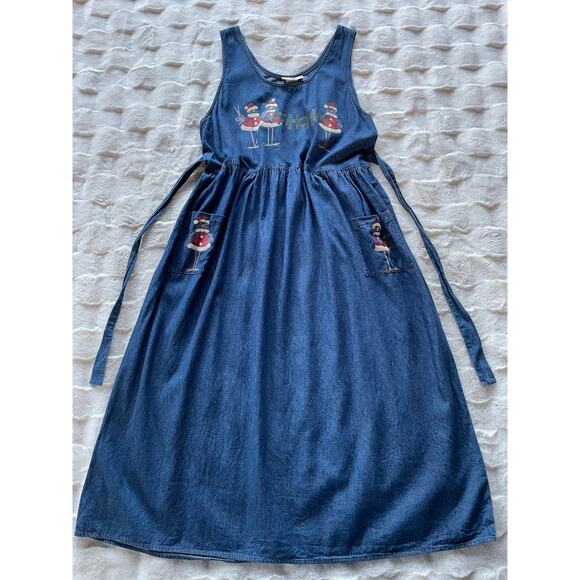 š„Vintage St. Joanne Jeans USA Made Denim Jumper Dress Santa Birds Pockets Sz L - Picture 1 of 9